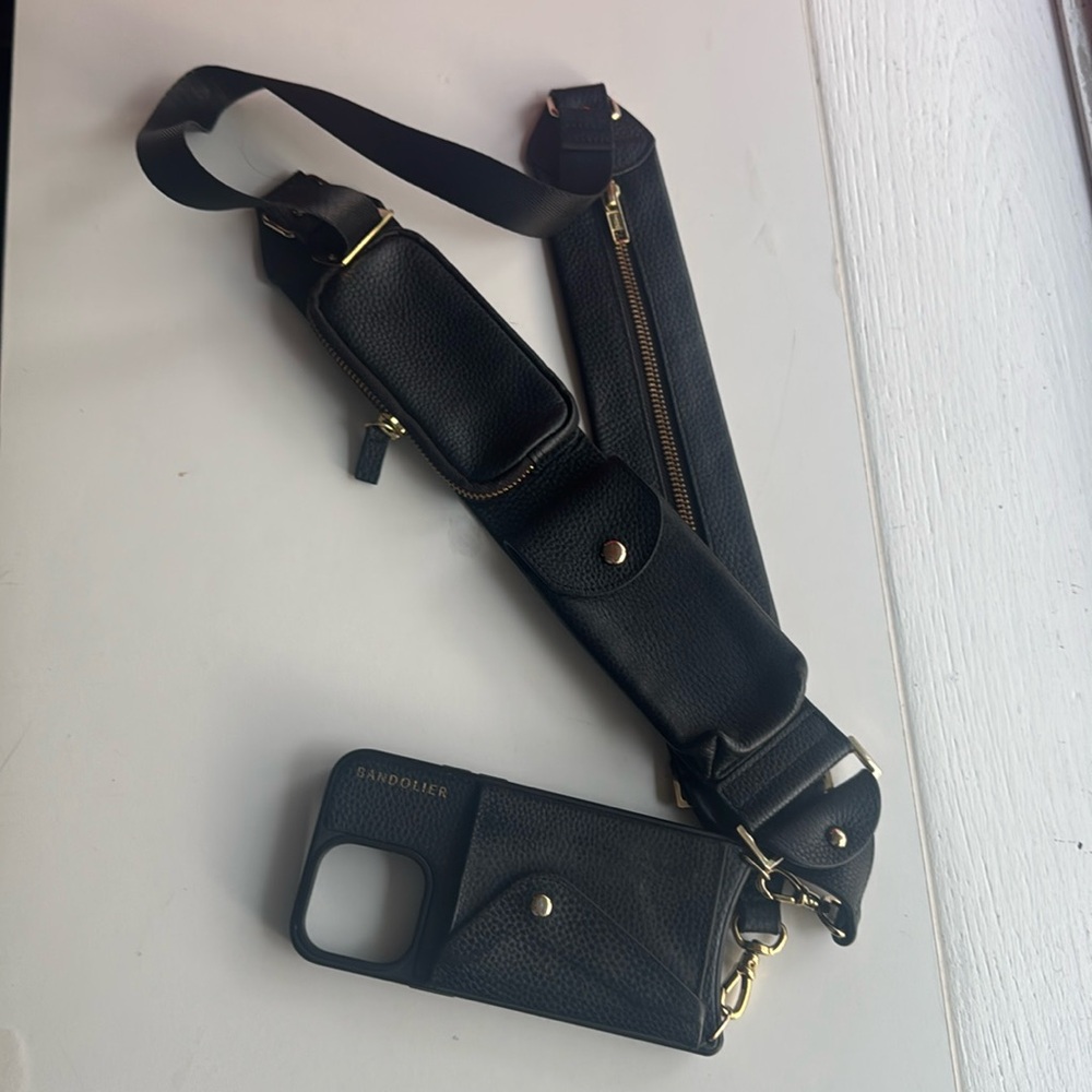 iPhone 15 Pro Max Bandolier Billie Crossbody Case Black and Gold OS
